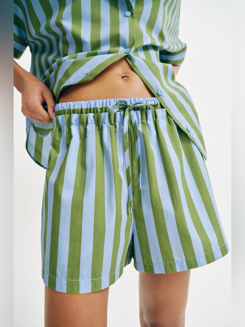 NWT Zara Green Blue Striped Poplin Drawstring Shorts Size S
